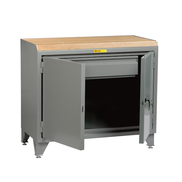 Counter Height Bench Cabinet, 36"W, Solid Doors, Butcher Block Top